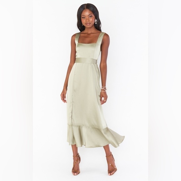 SHOW ME YOUR MUMU Claire Midi Dress In Moss Green Luxe Satin - Picture 6 of 8